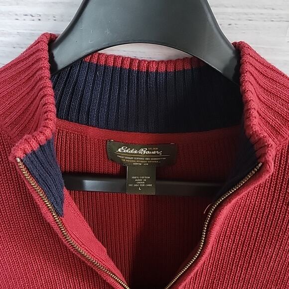 Eddie Bauer Red Navy Striped Half Zip Mock Neck Ribbed Knit Sweater Size Large - Picture 4 of 9